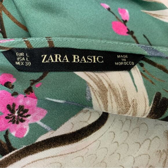 Zara Green Silky Cherry Blossom Heron Crane Dress Size Large U0416 - Picture 8 of 8